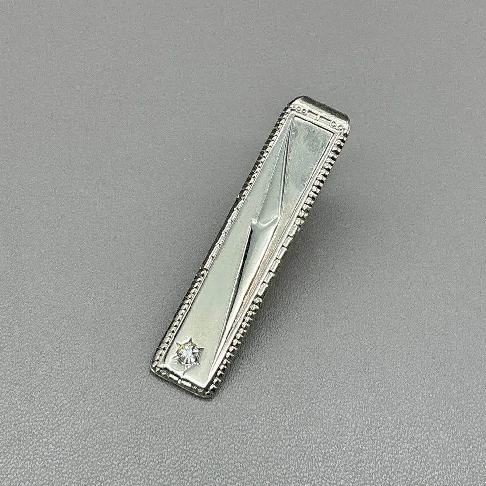 Vintage Silver Tone Cufflinks Tie Clip Set Rhinestone Mid Century Men's Formal